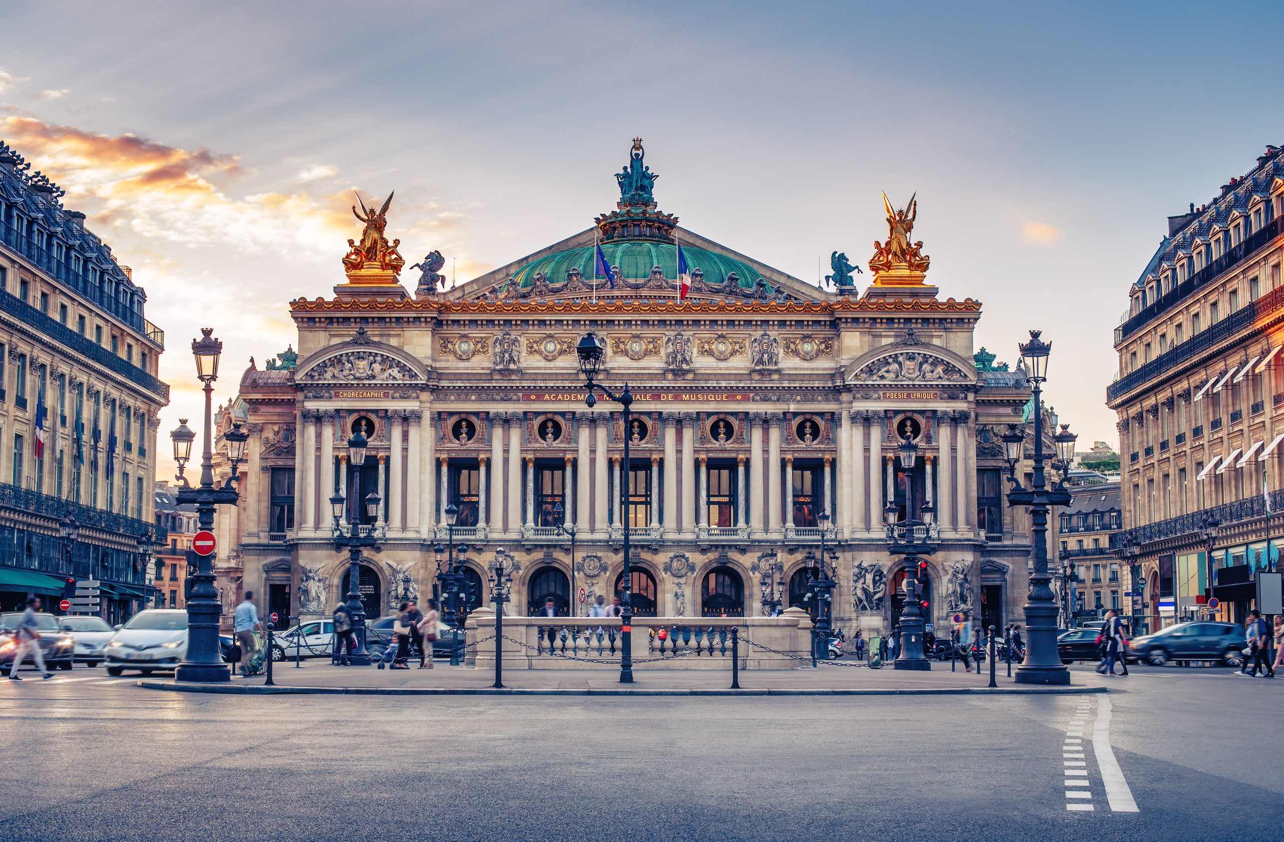 french opera in paris, france. scenic skyline against sunset sk